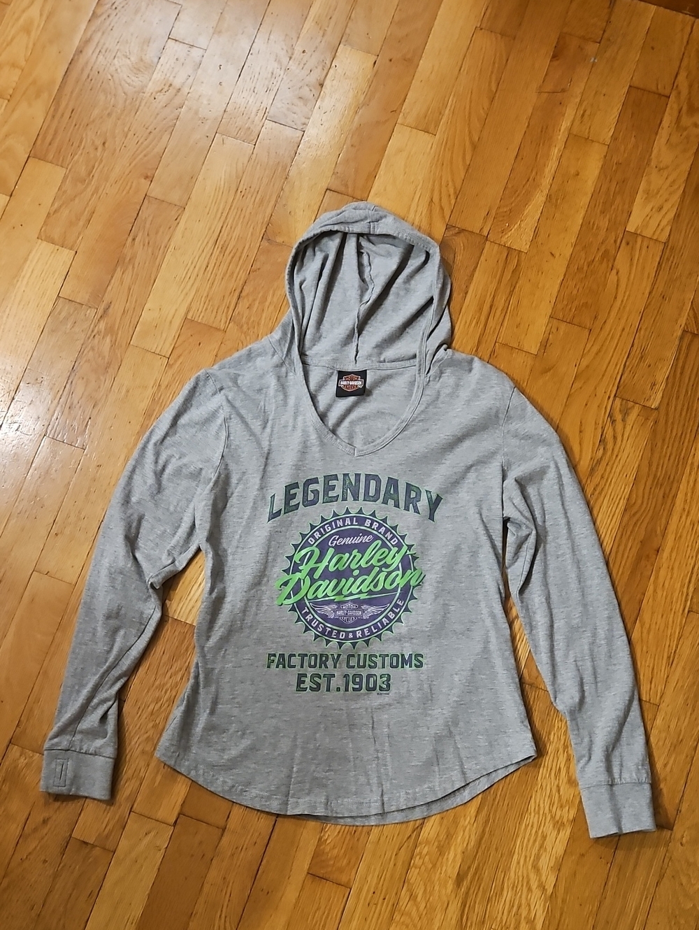 Harley-Davidson Women's Gray Hooded V-Neck Sweater with Green & Navy Logo